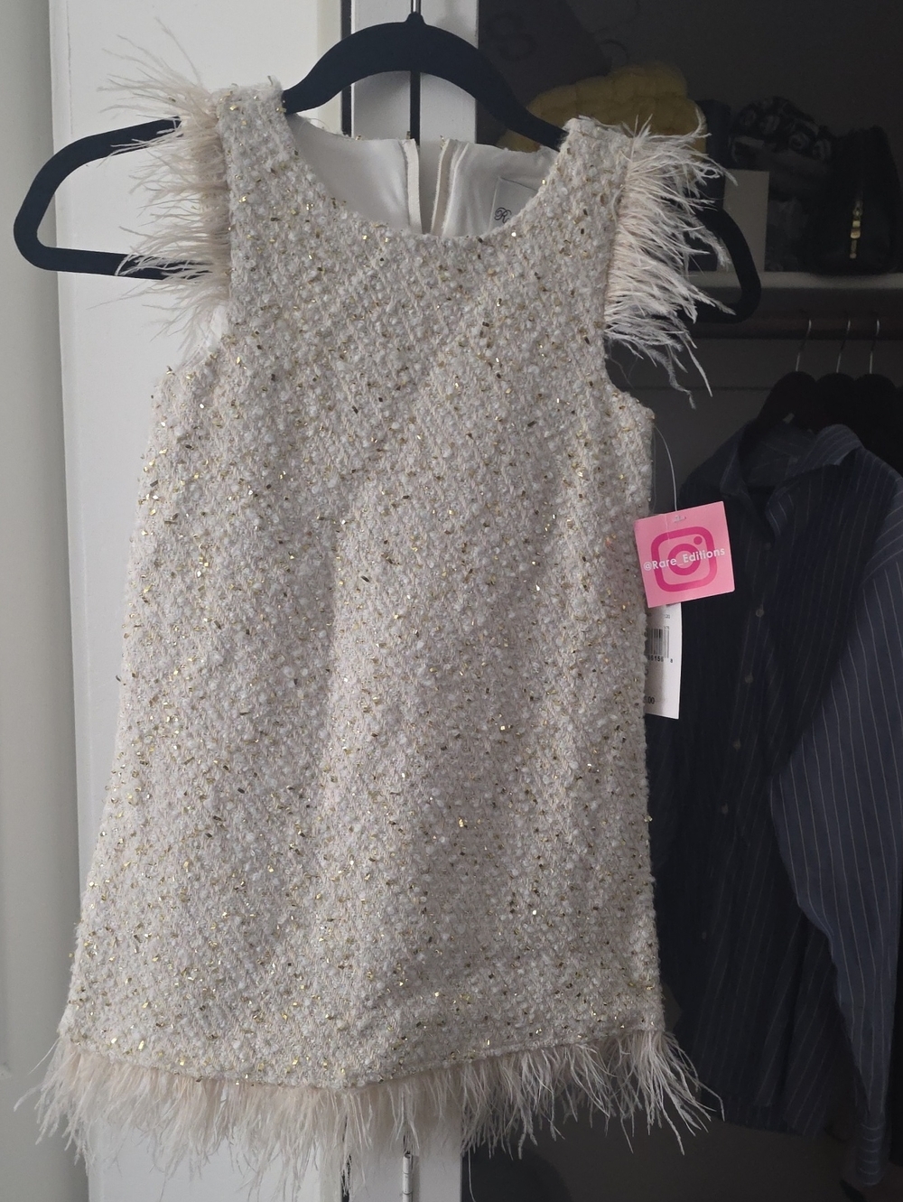 Rare Editions Ivory Tweed Dress with Feather Trim
